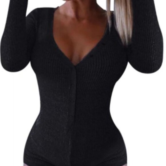 Black Long Sleeve Stretchy Sexy Short Onesie Pajamas For Adult Women - Picture 1 of 4